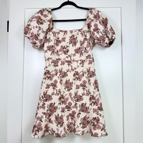 Aqua Brocade Puff Sleeve Pink Floral Dress Size Small - Picture 1 of 9